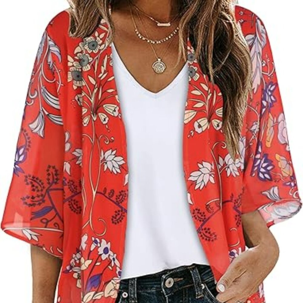 Floral Puff Sleeve Print Cardigan Kimono Casual Blouse Bold Floral Medium‎ Boho